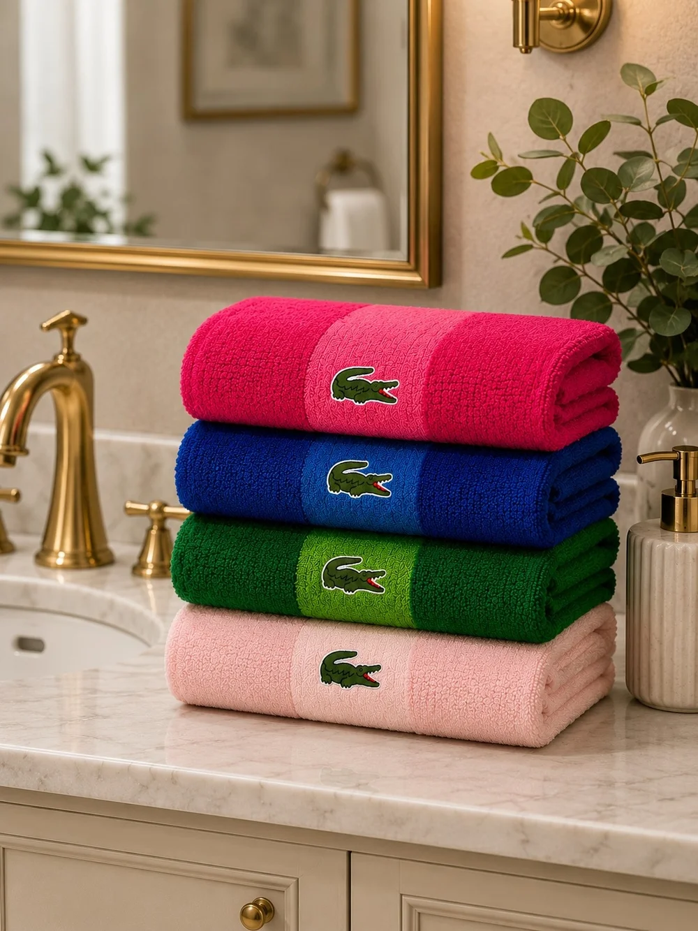 Lacoste Set of 4 Bath Towels Pink Blue Green Blush 100% Cotton NWT - Picture 1 of 9